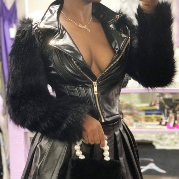 Black Vegan Leather Coat with Faux Fur Sleeves (Size M) - Picture 1 of 14